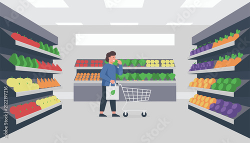 Young man pushing a shopping cart in a supermarket grocery aisle with shelves of fresh fruits and vegetables.