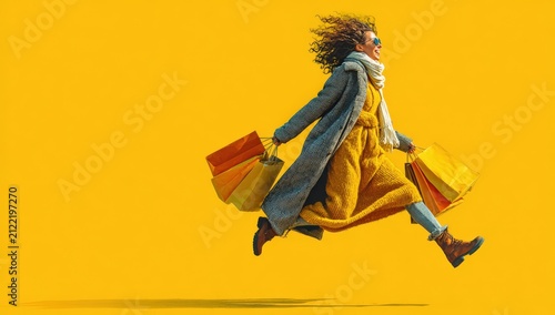 Woman in yellow dress and gray coat joyfully runs while carrying colorful shopping bags against a bright yellow background, showcasing a vibrant and energetic shopping experience