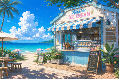 Charming Beachfront Ice Cream Shop with Tropical Sea View and Sunny Summer Atmosphere