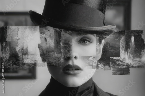 Black and white portrait of a woman wearing a top hat with fragmented landscape images overlaying her face, creating a surreal artistic effect in a vintage setting