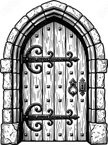 Antique Medieval Castle Wooden Door Vector Illustration with Gothic Stone Archway, Ornate Iron Hinges, and Vintage Engraving Line Art Graphic Design