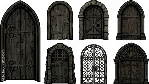 Medieval Castle Wooden Door and Iron Gate Vector Icon Set with Gothic Stone Archways, Dungeon Entrances, and Fantasy Architecture Illustration Elements