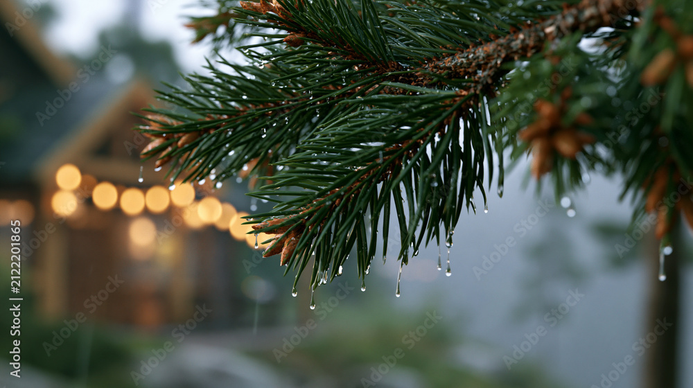 Naklejka premium Close-up view of wet pine needles glistening in misty rain near cozy cabin retreat Generative AI