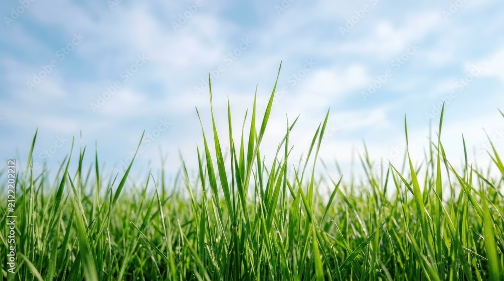 Fototapeta premium fresh green grass blades growing against soft hazy blue sky