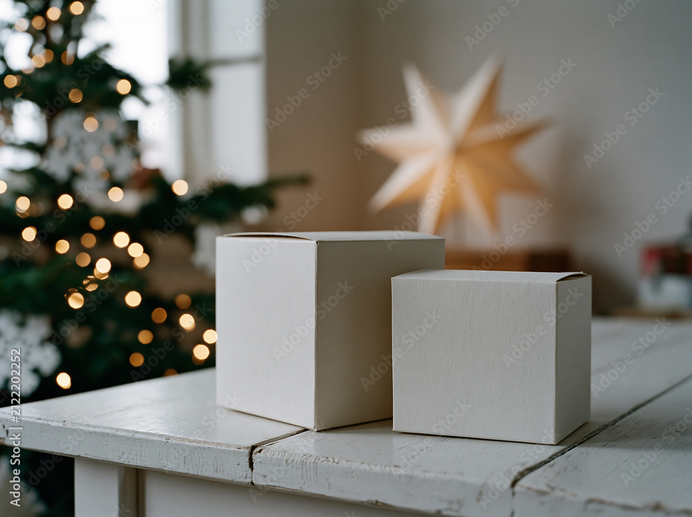 Obraz premium Charming white wooden table adorned with gifts near a festive Christmas tree glowing softly Generative AI