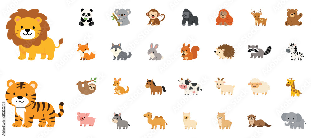 Obraz premium Cute Cartoon Animals Vector Collection, Safari Zoo and Farm Animals Set for Kids, Flat Character Bundle