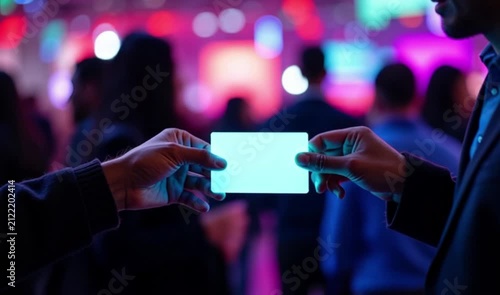A stylish dinner or event scene where two hands hold a blank glowing light blue-green rectangular digital card, reaching toward each other to exchange it, while a blurry dark background, 4K Video.