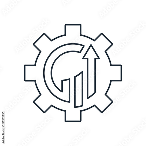 Gear wheel integrated with a rising bar chart and an upward arrow. Business growth, management, and process optimization.Vector linear icon illustration isolated on white background.