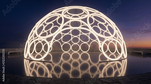 Futuristic dome structure at sunset. Modern architectural design with glowing lights.
