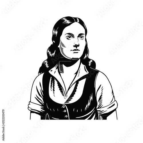 Black and White Vintage Woman Portrait Woodcut Engraving Vector Illustration with White Background.