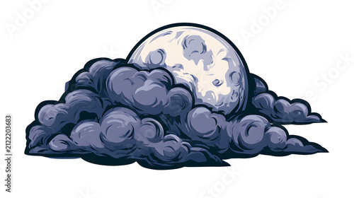 detailed moon partially covered by drifting dark clouds, atmospheric halloween backdrop element, modern flat design icon, bold colors, sticker style, isolated on white background