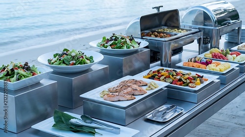 An elegant outdoor seashore buffet ideas display featuring fresh salads, grilled salmon, and assorted tropical fruits arranged on a beachside dining table