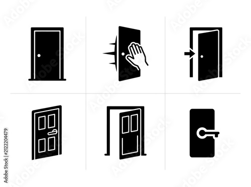 Door icons: knob, handle, open, close, hand pushing, keyhole silhouettes on white background