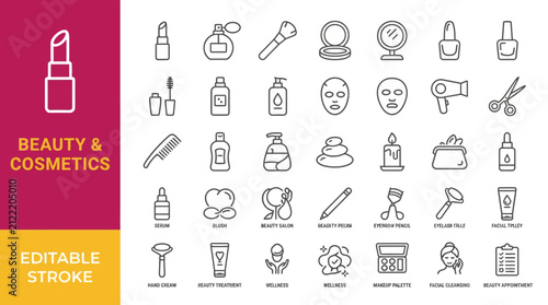 Comprehensive beauty and cosmetics line icon set for skincare makeup