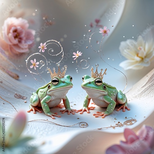 Two Crowned Frogs Facing Each Other Amidst Flowers and Sparkling Accents