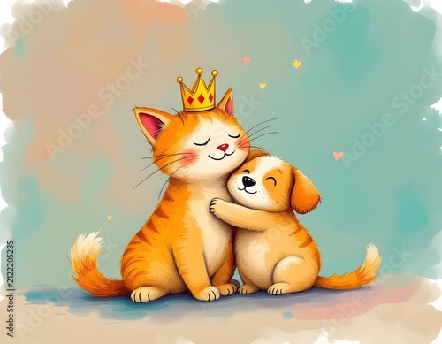 Orange Cat with Crown Hugging Puppy in Cute Art Print