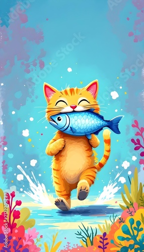 Adorable Orange Cat Holding Fish by Water