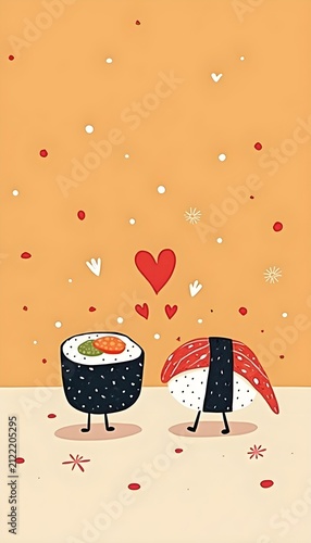 Two cute sushi characters stand together with hearts above them.