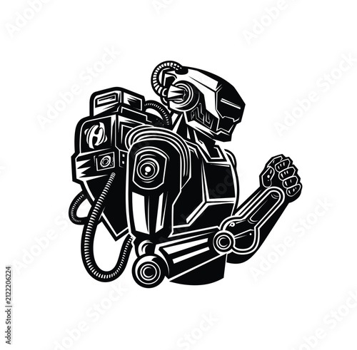  Black and White Futuristic Cyborg Robot Character Vector Illustration with White Background.