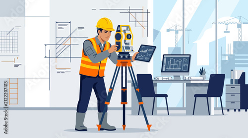 Surveyor working with total station and tablet in construction office setting