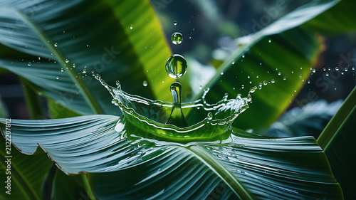 Clear water drop splashing on a large green tropical banana leaf after rain in the garden