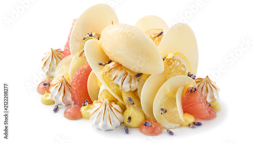 Contemporary fine dining dessert featuring white chocolate, grapefruit, lemon sorbet, citrus cream, lightly torched meringue and delicate floral garnishes