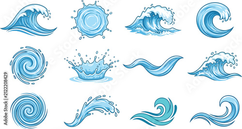 Set of blue water wave icons and liquid splash elements for graphic design and motion projects