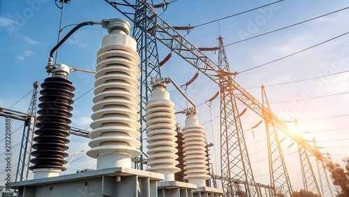 High voltage electrical substation equipment with power lines against blue sky electricity substation infrastructure
