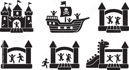 Inflatable bounce house and playground icons set featuring children playing on various jumping castle structures vector illustration