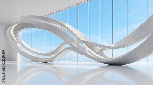 Futuristic white ribbon sculpture in modern office. Abstract architectural art installation.