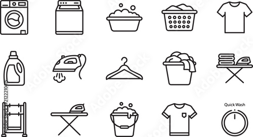 Laundry and housekeeping line icons set featuring washing machines clothes baskets and ironing equipment in vector format