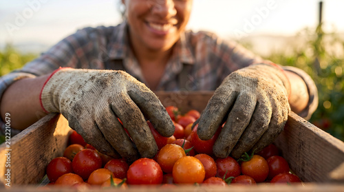 Smiling woman's hands with work gloves picking freshly grown organic cherry tomatoes during a sunlit harvest in an agricultural field, showcasing sustainable farming practices