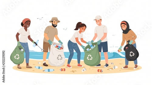 Diverse volunteers cleaning beach trash. People collecting plastic waste for environment.