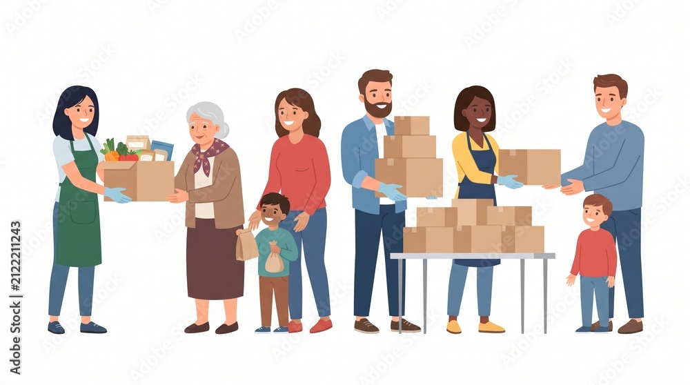 Fototapeta premium Diverse volunteers distributing food boxes. People helping community with charity donations.