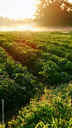 Organic farm field bathed in golden sunrise light with morning mist