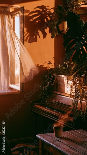 Cozy veranda with piano and plants bathed in warm golden hour light