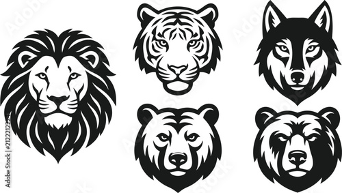A collection of black and white animal head illustrations featuring a lion tiger wolf and bear for logo design or creative graphic art projects