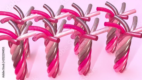 3D eight synchronized sets of six twisting translucent strands magenta and silver glitter particles scattering inside soft flexible strings converging into spiral candy-like rope 3D artistic motion.