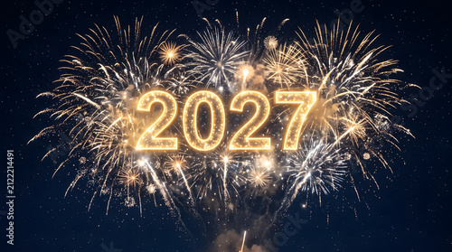 Happy new year 2027 with golden glowing numbers and fireworks