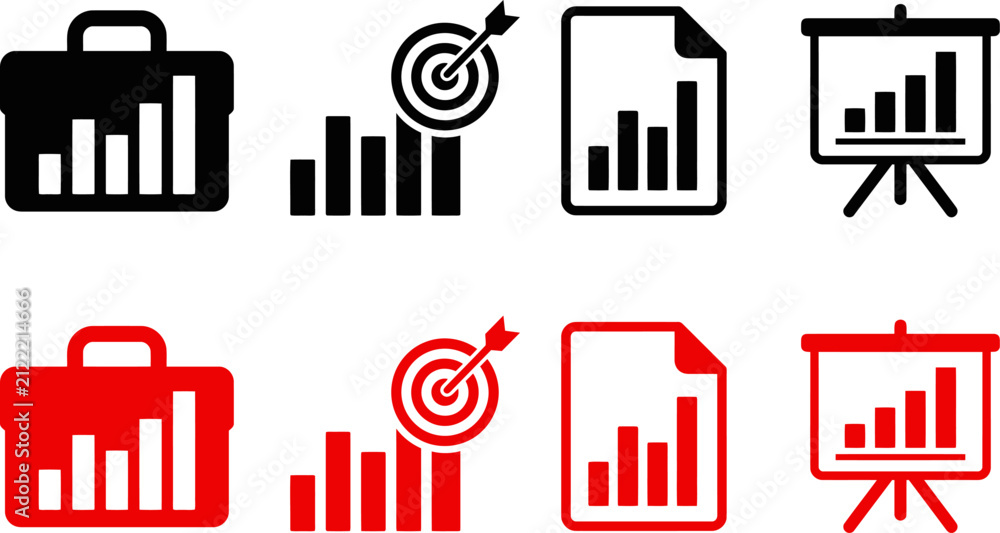 Fototapeta premium Set of business and finance icons featuring bar charts inside briefcases targets documents and presentation boards in black and red colors for professional data analysis