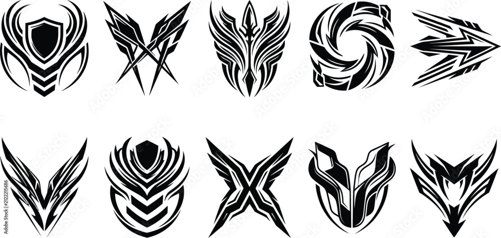 Fototapeta premium Set of ten black tribal emblems featuring sharp winged shapes and shield motifs isolated on a plain white background