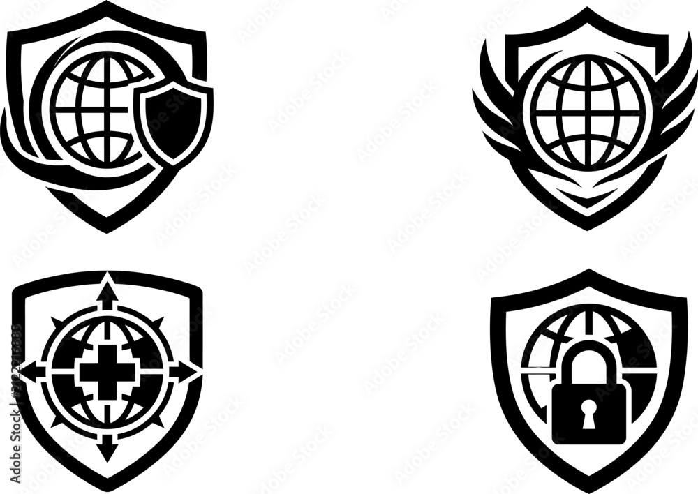 Fototapeta premium Set of four black and white shield icons featuring global security concepts with globes wings crosshairs and padlocks for digital protection and cybersecurity design projects
