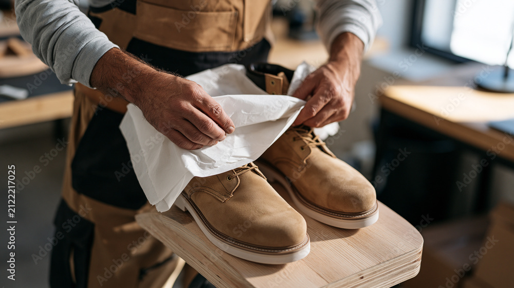 Fototapeta premium A weathered cobbler in a minimalist studio tears open a tissue paper package to reveal handstitched leather boots, pulling them onto a wooden form with both hands, artisan craft revival, handmade fo