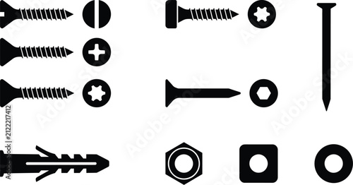 Industrial Fasteners Vector Icon Set Featuring Screws Bolts Nuts Nails Washers And Wall Plugs