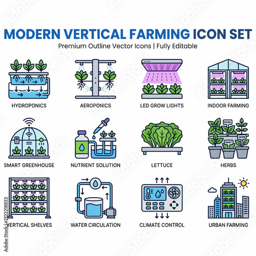 A comprehensive icon set illustrating modern vertical farming techniques and related technologies like hydroponics, aeroponics, smart greenhouses, and climate control.