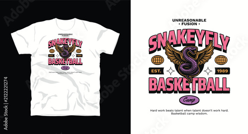 Snakeyfly basketball camp vector t-shirt design, vintage basketball apparel graphic with snake and wings emblem.