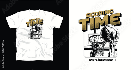 Basketball scoring time vector t-shirt and apparel design featuring detailed ball and hoop graphic.