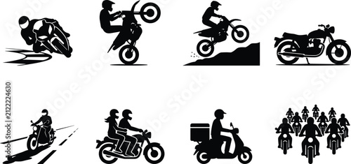 Fotografie Black Silhouette Icons of Motorcycles and Riders Performing Stunts, Racing, Comm
