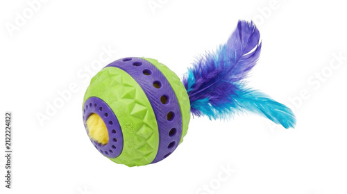Colorful rubber ball toy for cats with purple and blue feathers for hunting and playing exercise isolated on transparent background