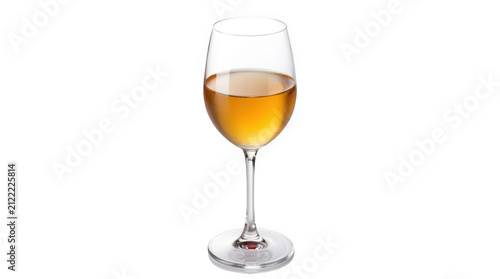 A single elegant glass filled with golden white wine for a celebration or dinner party toast isolated on transparent background